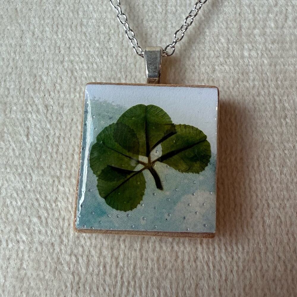 Lucky Charm Four Leaf Clover Scrabble Tile Necklace OOAK Handmade‎ #29